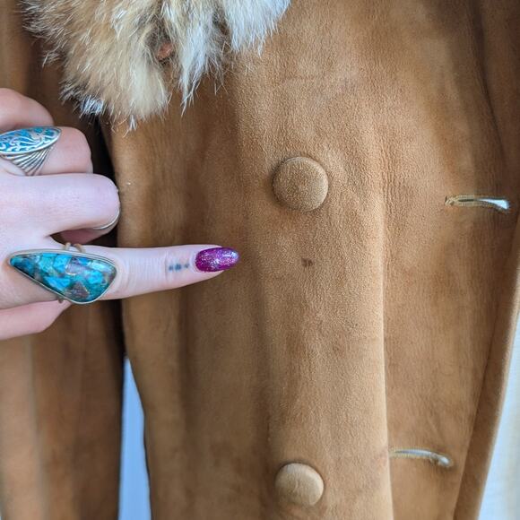 Vintage Brown Suede Fur Trim Penny Lane Jacket Furry Leather Trench Coat Medium - Picture 14 of 16